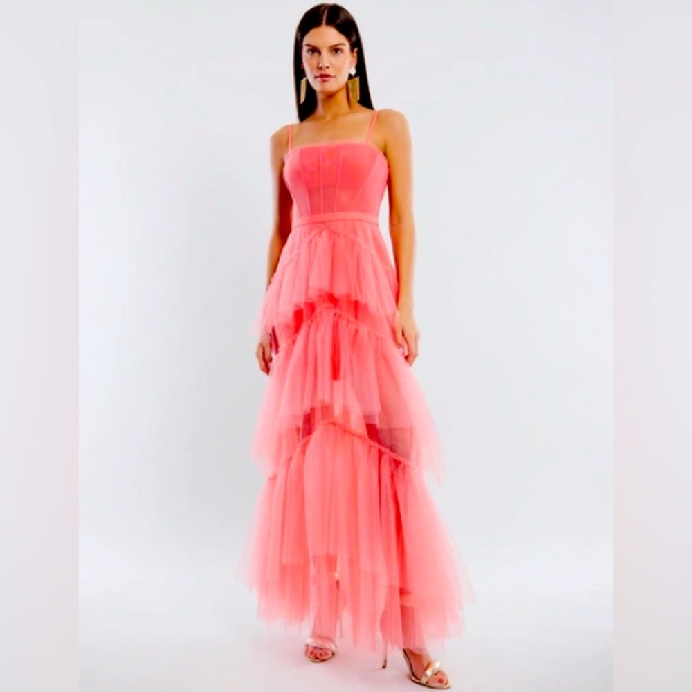 BCBG MAXAZRIA Oly Tiered Ruffle Tulle Evening Gown - SHELL PINK / 6